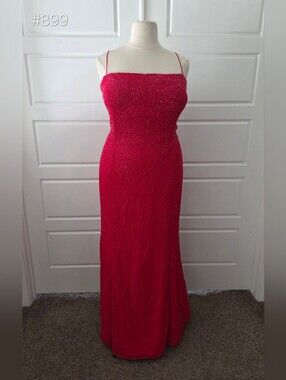 Red Beaded Spaghetti-Strap Evening Gown